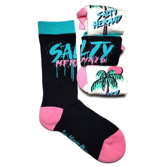 'Salty Mermaid' Graffiti Crew Socks | Black/Teal