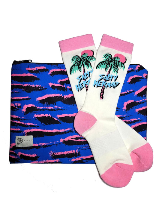 'Salty Palms' Crew Socks | White/Pink