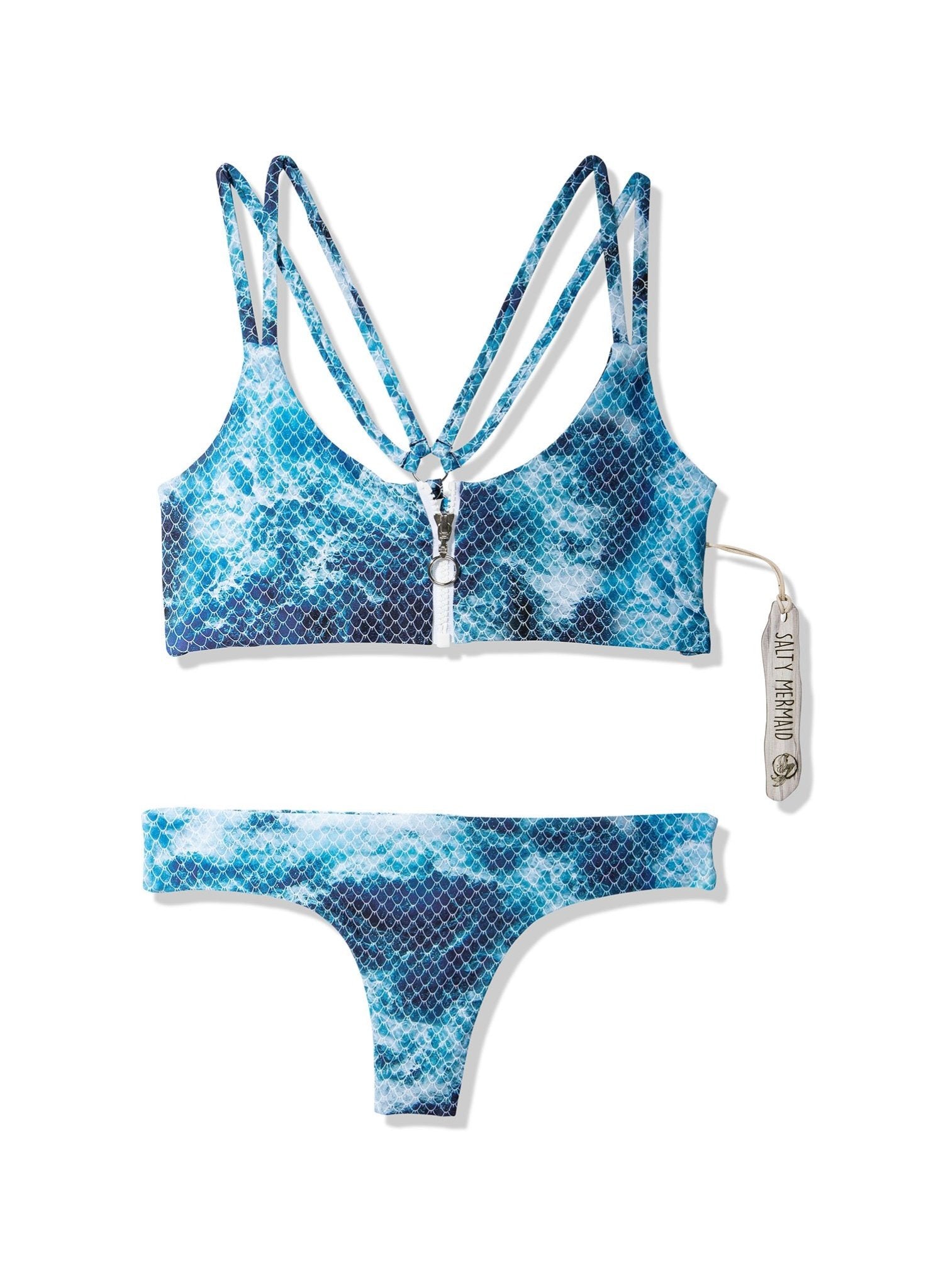 Tammy Zipper Front Sport Bikini Top - Ocean Ombre Blue Print
